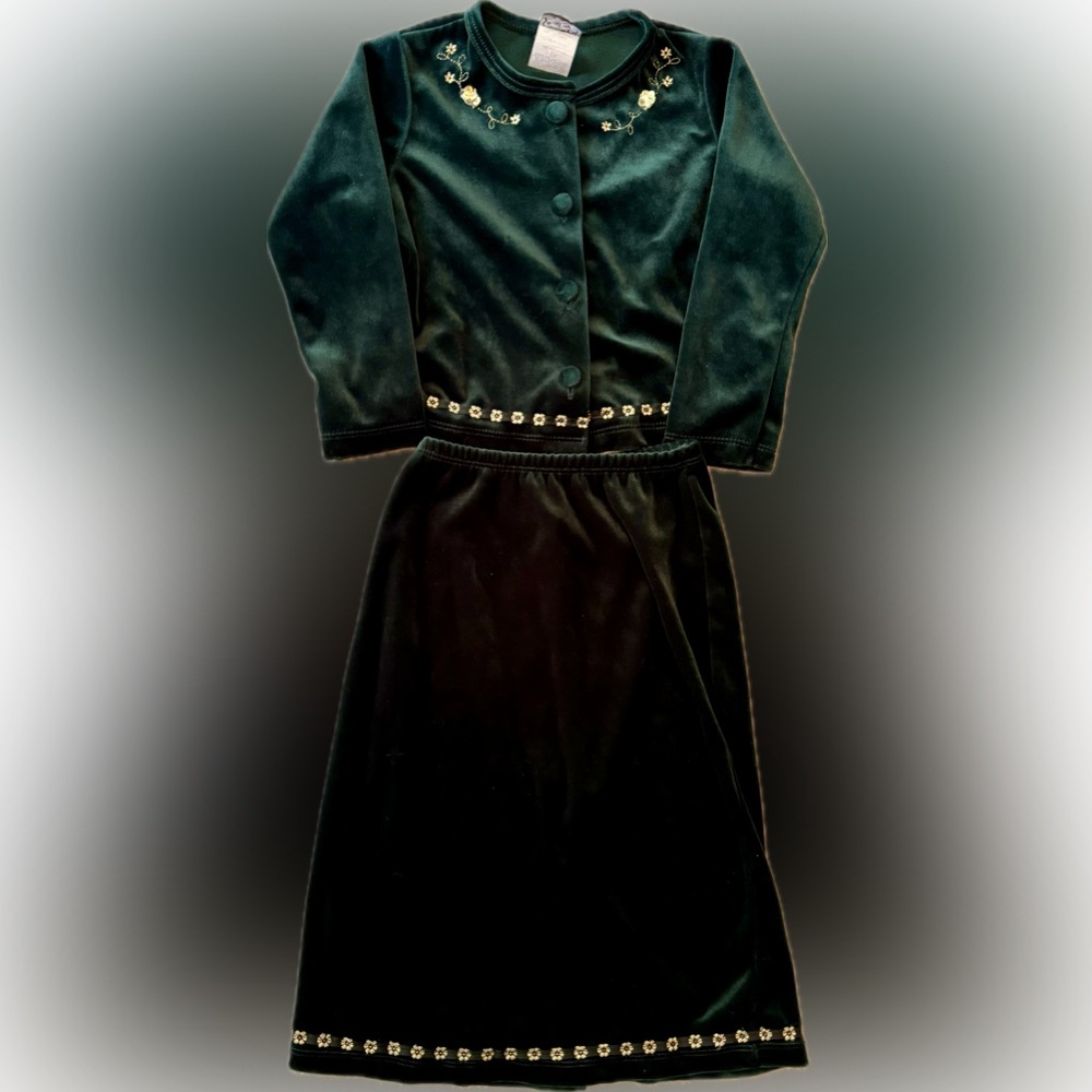 Green Velour Embroidered Maxi Skirt & Sweater Set